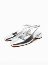 Metallic Silver Square Toe Ankle Buckle Strap Slingback Chunky Pumps